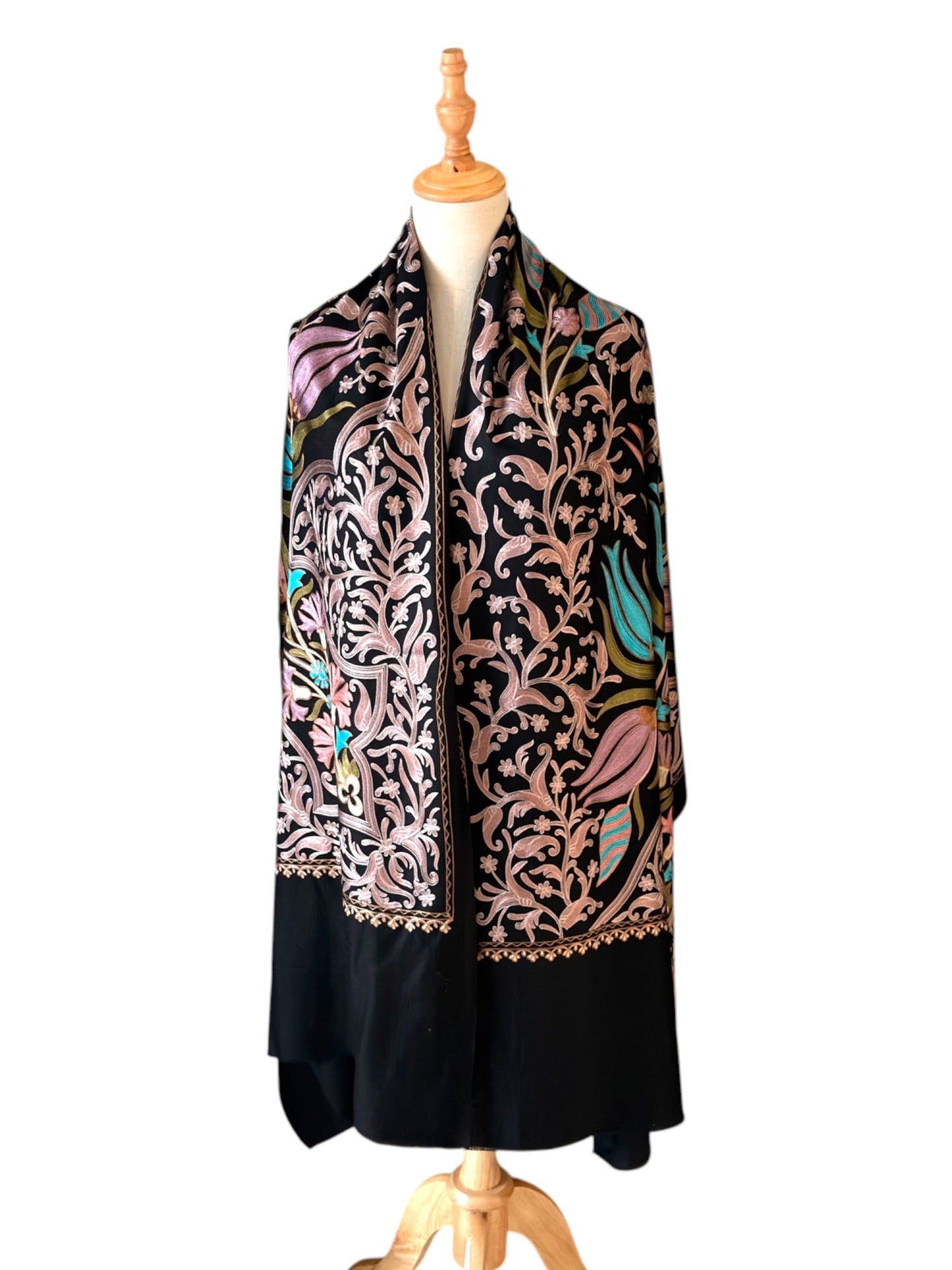 Noori Couture black handwoven Nalki Jamawar shawl with intricate floral silk embroidery on fine wool fabric.
