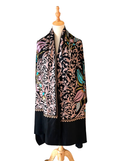 Noori Couture black handwoven Nalki Jamawar shawl with intricate floral silk embroidery on fine wool fabric.