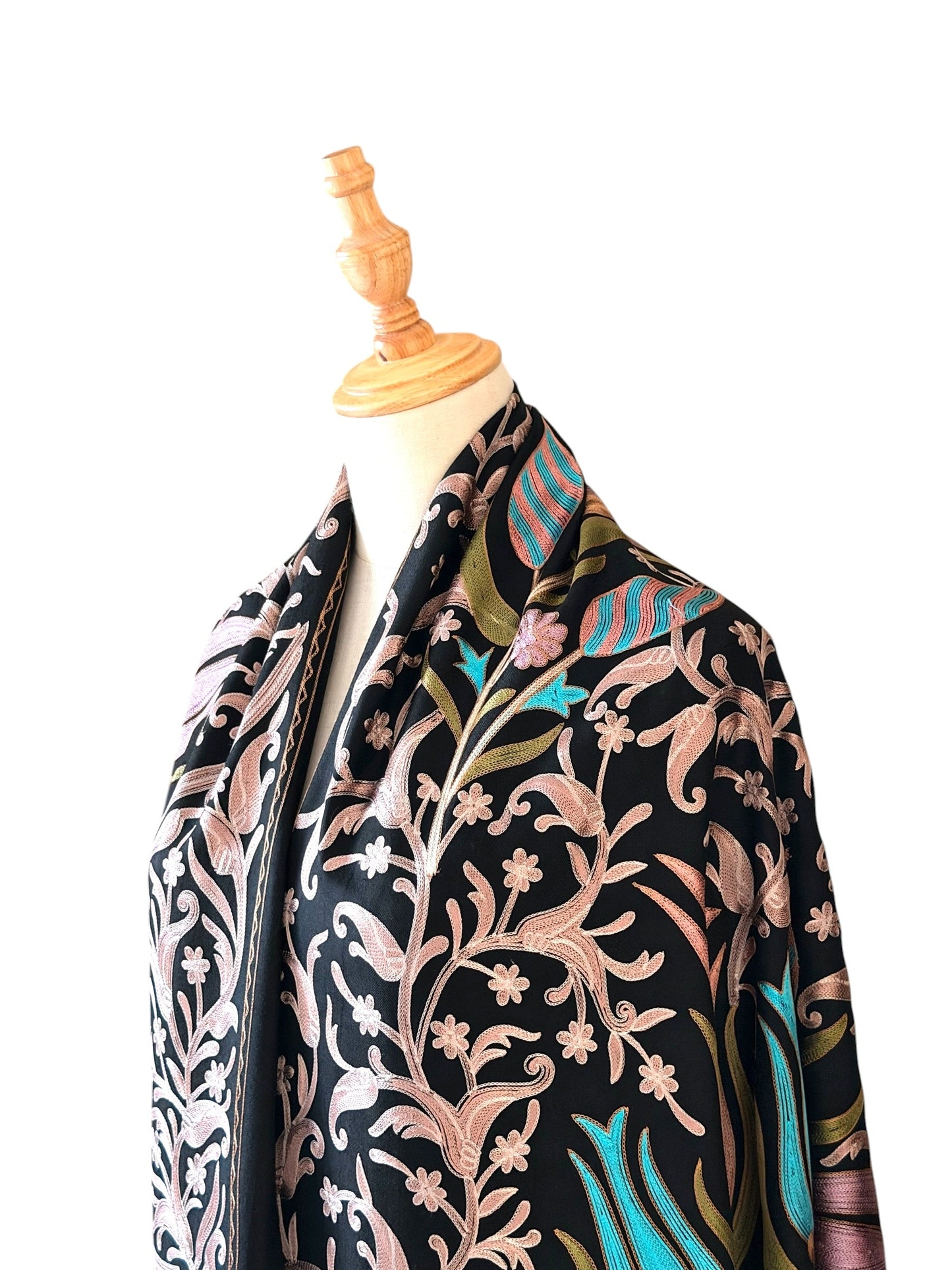 Noori Couture black handwoven Nalki Jamawar shawl with intricate floral silk embroidery on fine wool fabric.