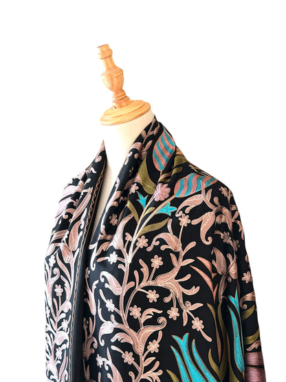 Noori Couture black handwoven Nalki Jamawar shawl with intricate floral silk embroidery on fine wool fabric.