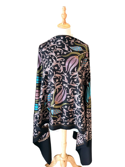 Noori Couture black handwoven Nalki Jamawar shawl with intricate floral silk embroidery on fine wool fabric.
