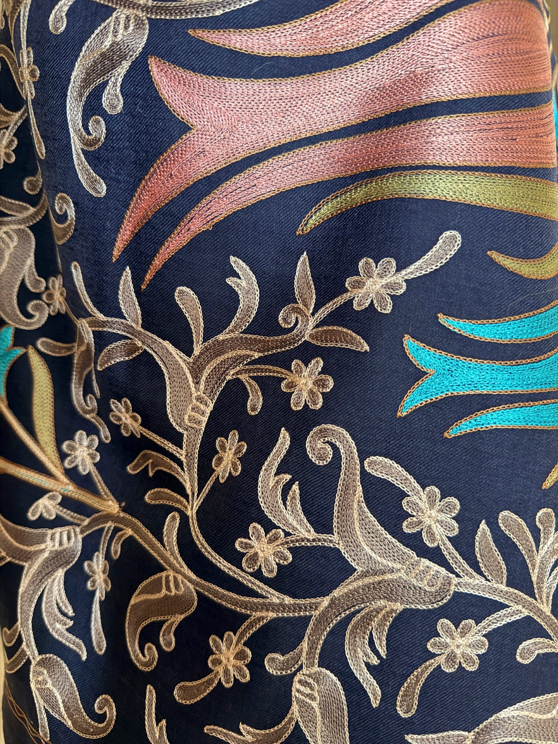 Noori Couture black handwoven Nalki Jamawar shawl featuring intricate floral silk embroidery in gold and teal tones.