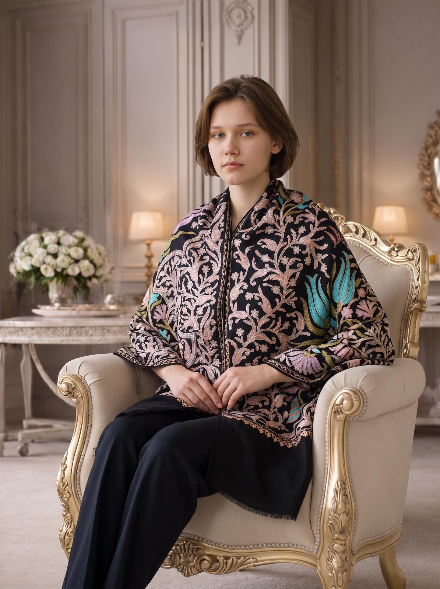 Noori Couture black handwoven Nalki Jamawar shawl with intricate silk floral embroidery draped over a seated woman