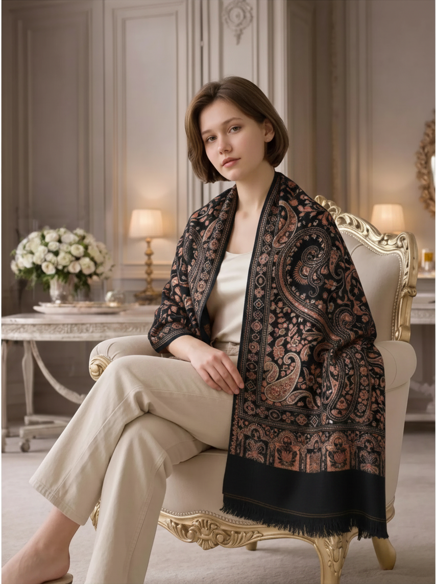 Noori Couture black pashmina shawl with intricate paisley jacquard pattern draped over a woman in a classic interior.