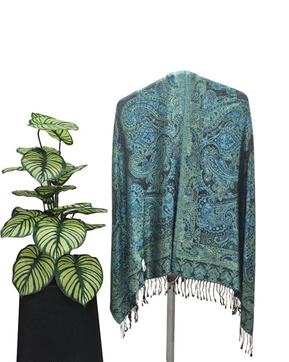 Noori Couture handwoven pure silk shawl in black and teal paisley pattern with fringe detail.