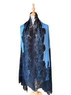 Noori Couture blue and black Kashmiri wool shawl featuring delicate Valentino lace trim on a mannequin