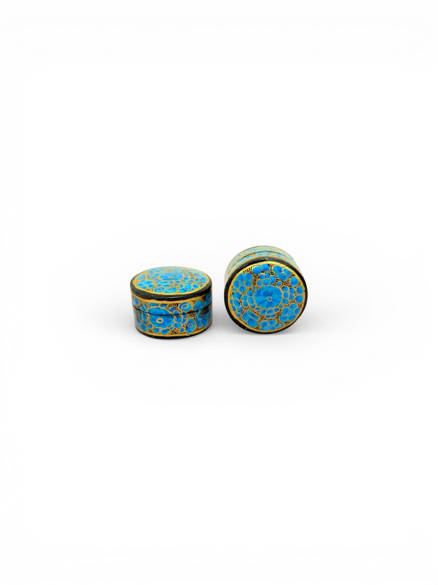 Noori Couture handpainted papier-mâché keepsake box with blue floral design and gold trim.