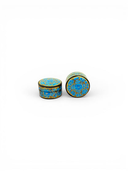 Noori Couture handpainted papier-mâché keepsake box with blue floral design and gold trim.