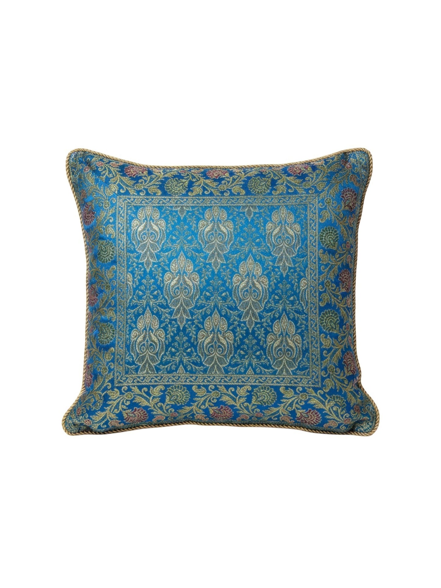 Noori Couture blue and gold ornate floral patterned cushion cover made of textured fabric.