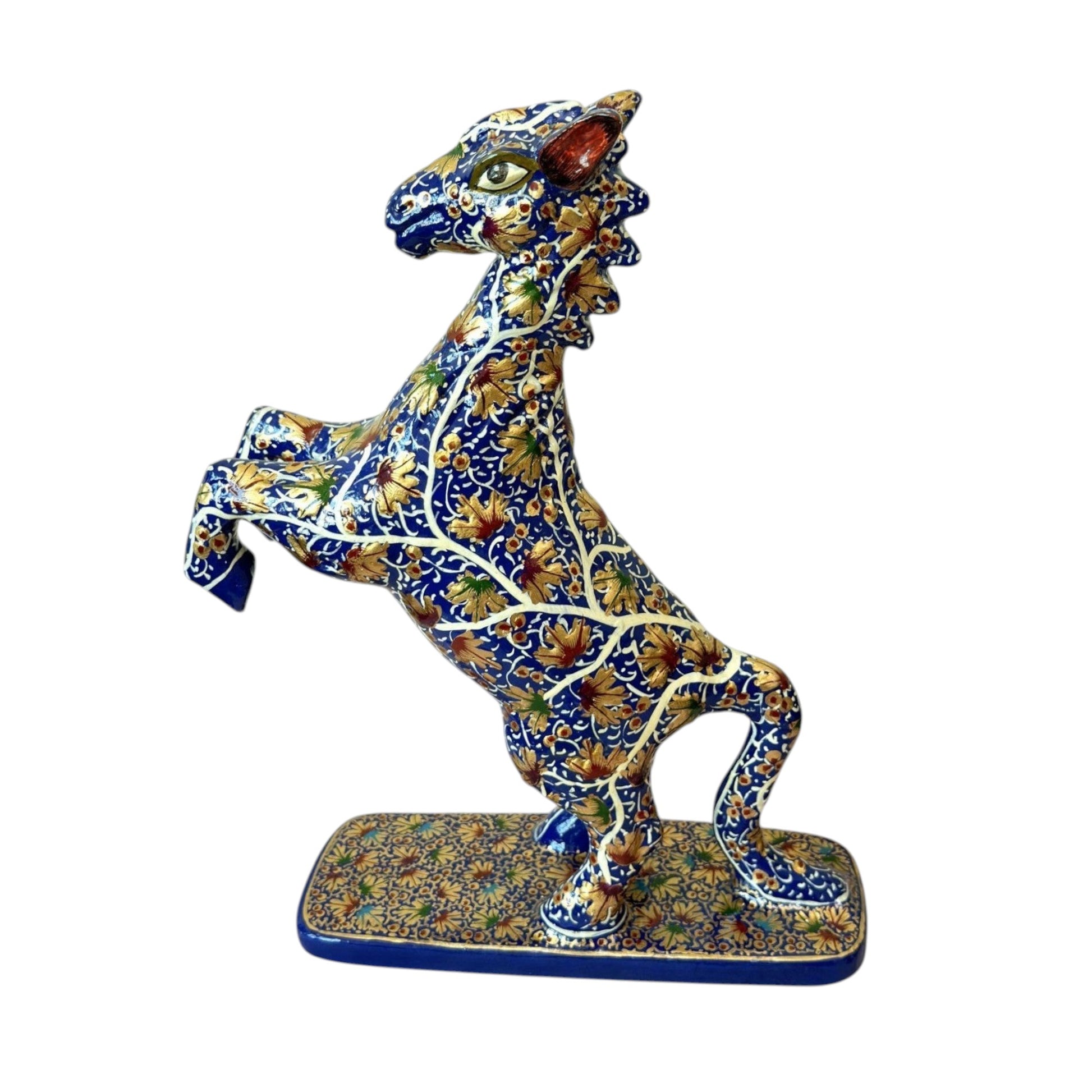 Noori Couture hand-painted horse sculpture in rearing pose, blue with gold floral patterns, decorative art piece.