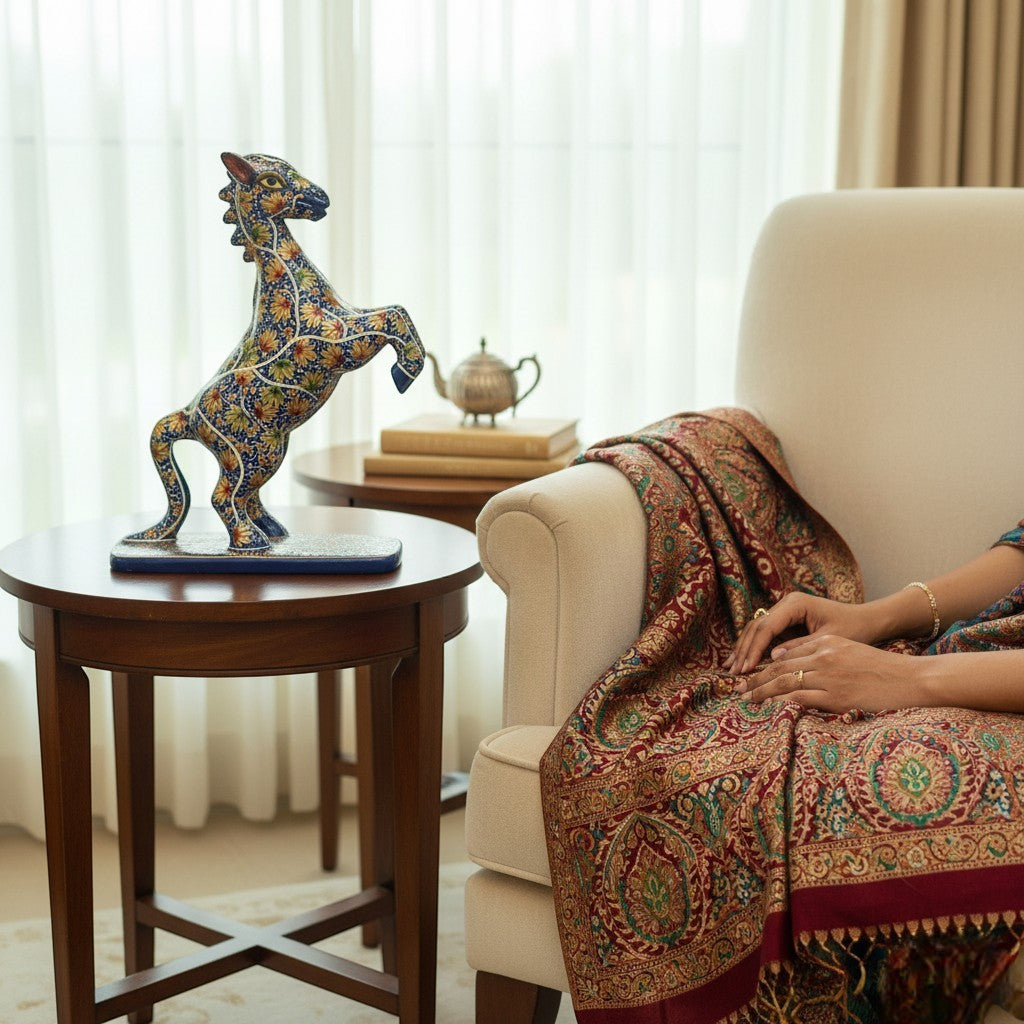 Noori Couture hand-painted blue horse sculpture with gold floral patterns, rearing pose.