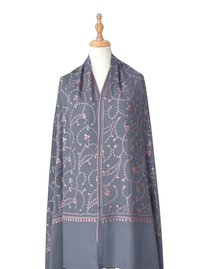 Noori Couture blue handwoven shawl with intricate Sozni Jali embroidery and floral motifs. Perfect for formal occasions.