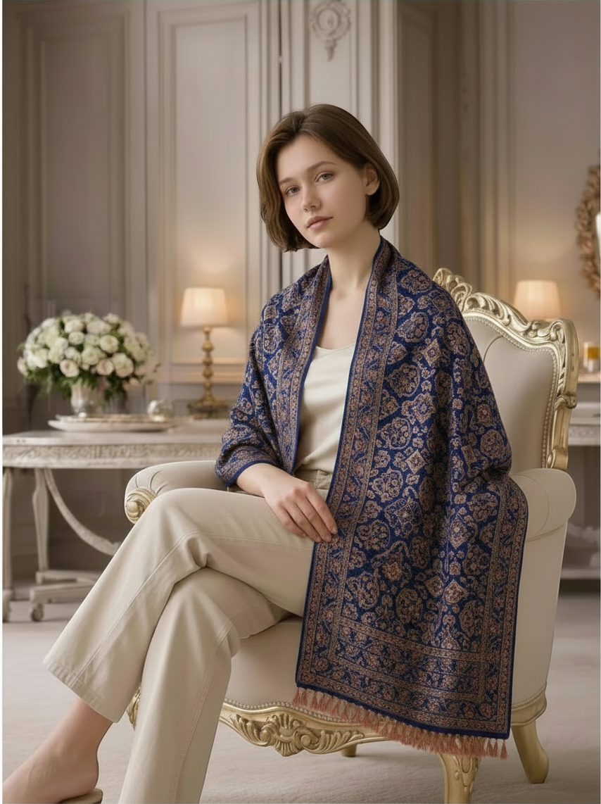 Noori Couture blue paisley pashmina shawl draped over a woman sitting in a classic chair in a luxury room