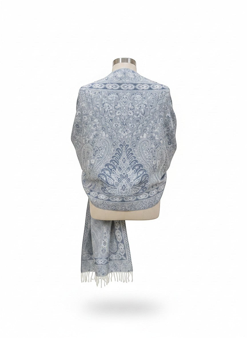 Noori Couture light grey and white paisley pattern pure silk shawl with fringe detail.