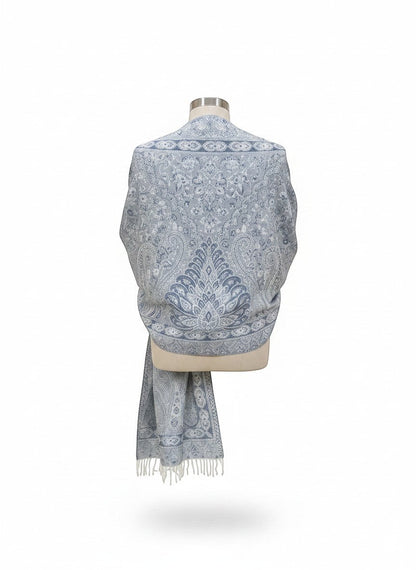 Noori Couture light grey and white paisley pattern pure silk shawl with fringe detail.