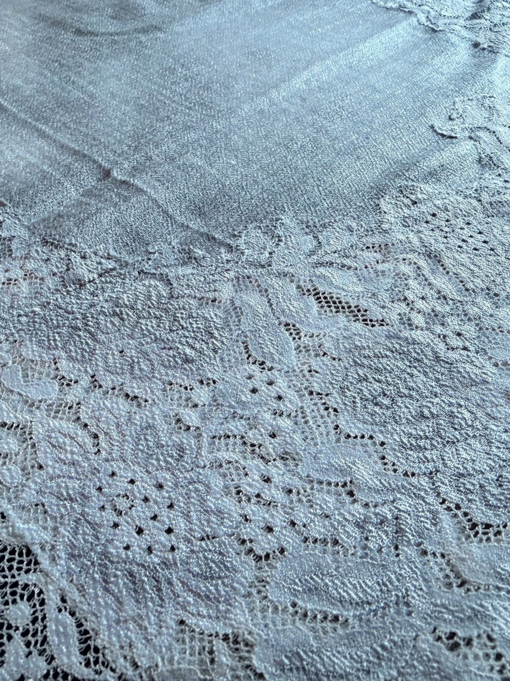 Noori Couture bronze Kashmiri wool shawl featuring delicate Valentino lace trim and soft textured fabric