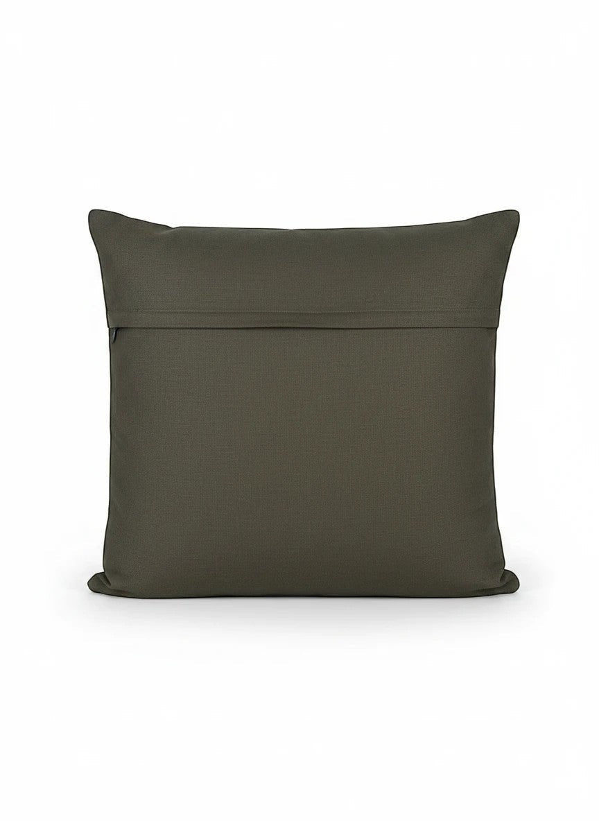 Noori Couture dark olive green Banarasi brocade cushion cover with zari detailing and woven motifs, 16x16 inches.