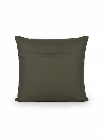 Noori Couture dark olive green Banarasi brocade cushion cover with zari detailing and woven motifs, 16x16 inches.