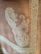 Noori Couture brown handwoven Kashmir fine wool shawl featuring intricate white paisley Hashidar embroidery details.
