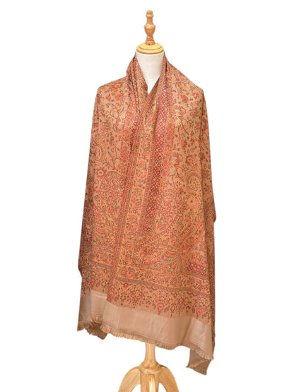 Noori Couture coffee brown pashmina shawl featuring an intricate multi-tonal paisley pattern and delicate fringe trim.