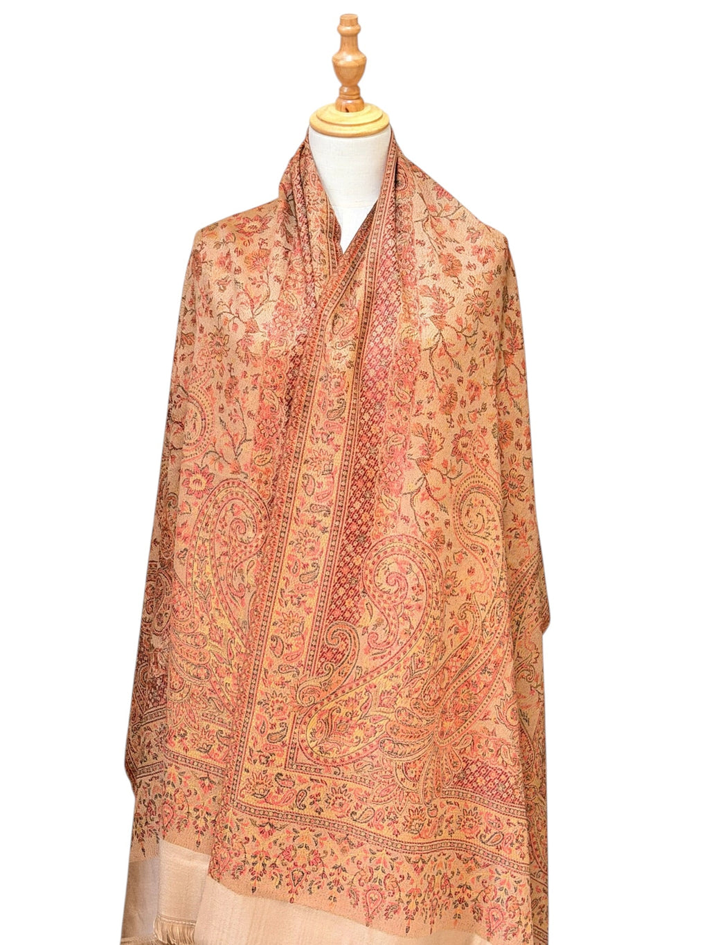 Noori Couture coffee brown pashmina shawl featuring an intricate multi-tonal paisley pattern and delicate fringe trim.