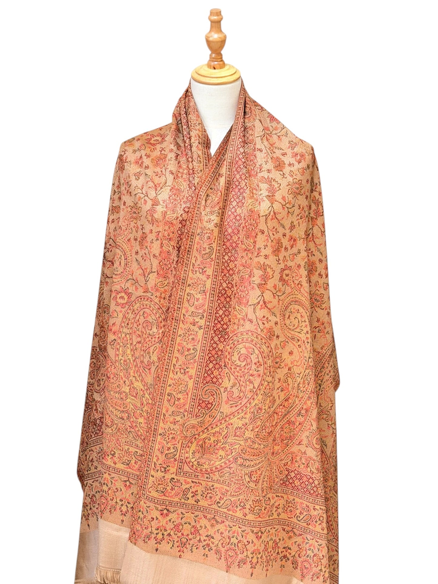 Noori Couture coffee brown pashmina shawl featuring an intricate multi-tonal paisley pattern and delicate fringe trim.