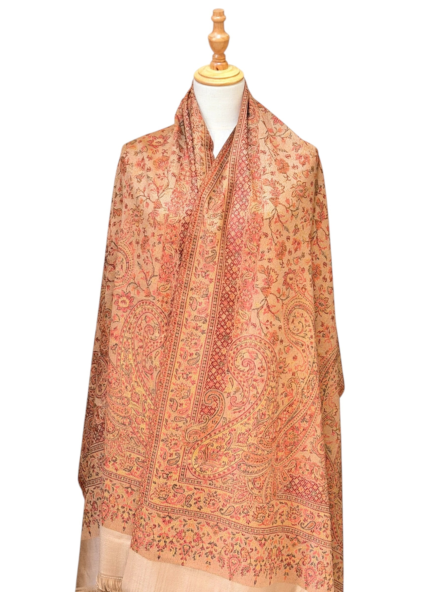 Noori Couture coffee brown pashmina shawl featuring an intricate multi-tonal paisley pattern and delicate fringe trim.