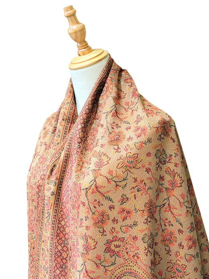 Noori Couture coffee brown pashmina shawl with intricate multi-tonal paisley patterns and delicate fringe detailing.
