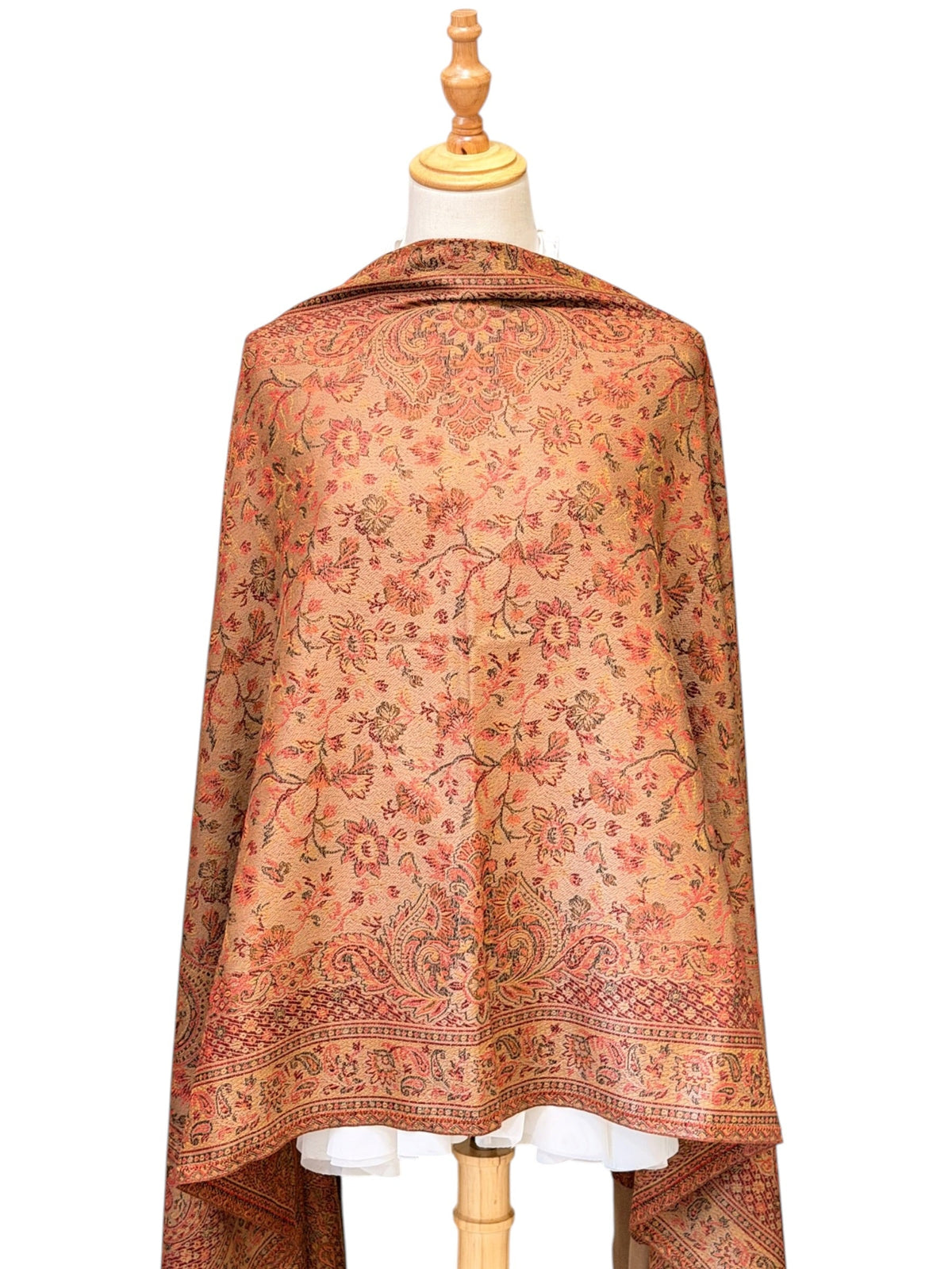 Noori Couture coffee brown pashmina shawl featuring an intricate multi-tonal paisley pattern and delicate fringe trim.