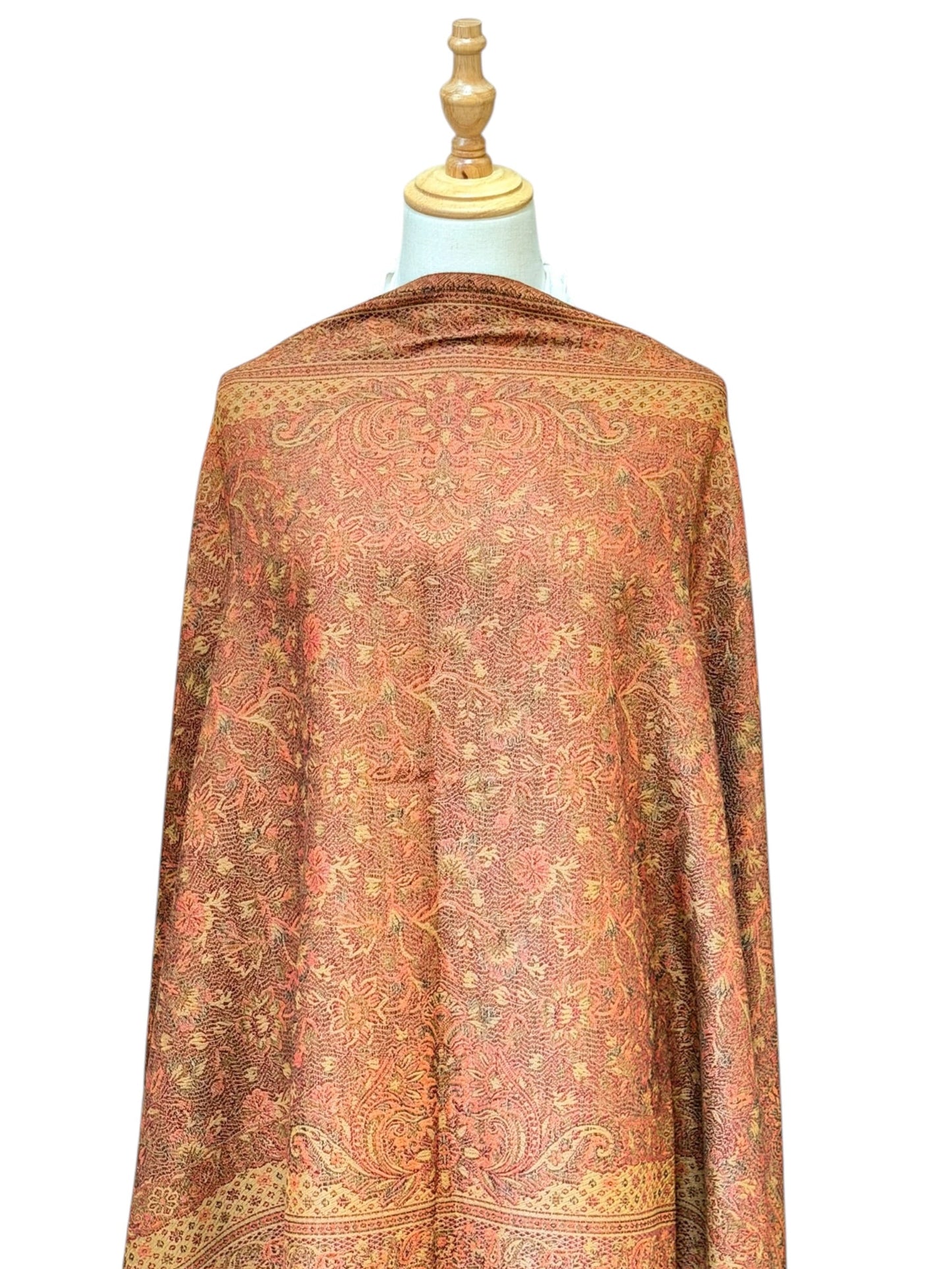 Noori Couture coffee brown pashmina shawl featuring an intricate multi-tonal paisley pattern and delicate fringe trim.