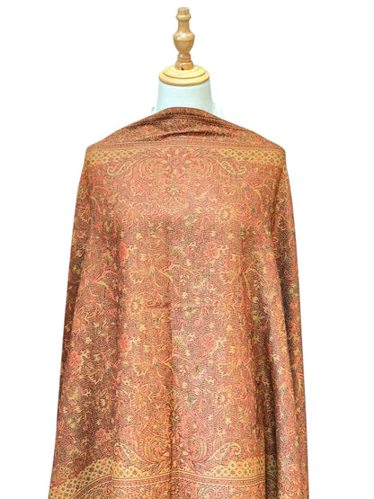 Noori Couture coffee brown pashmina shawl featuring an intricate multi-tonal paisley pattern and delicate fringe trim.