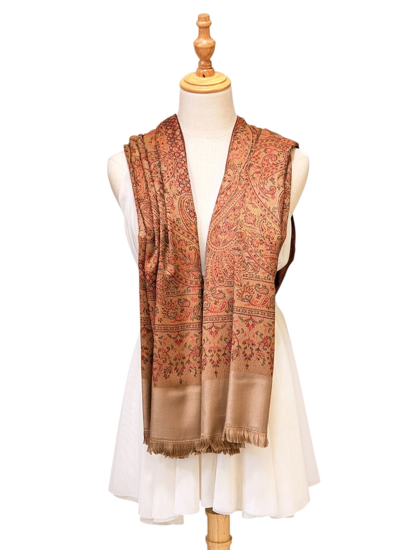 Noori Couture coffee brown pashmina shawl featuring an intricate multi-tonal paisley pattern and delicate fringe trim.