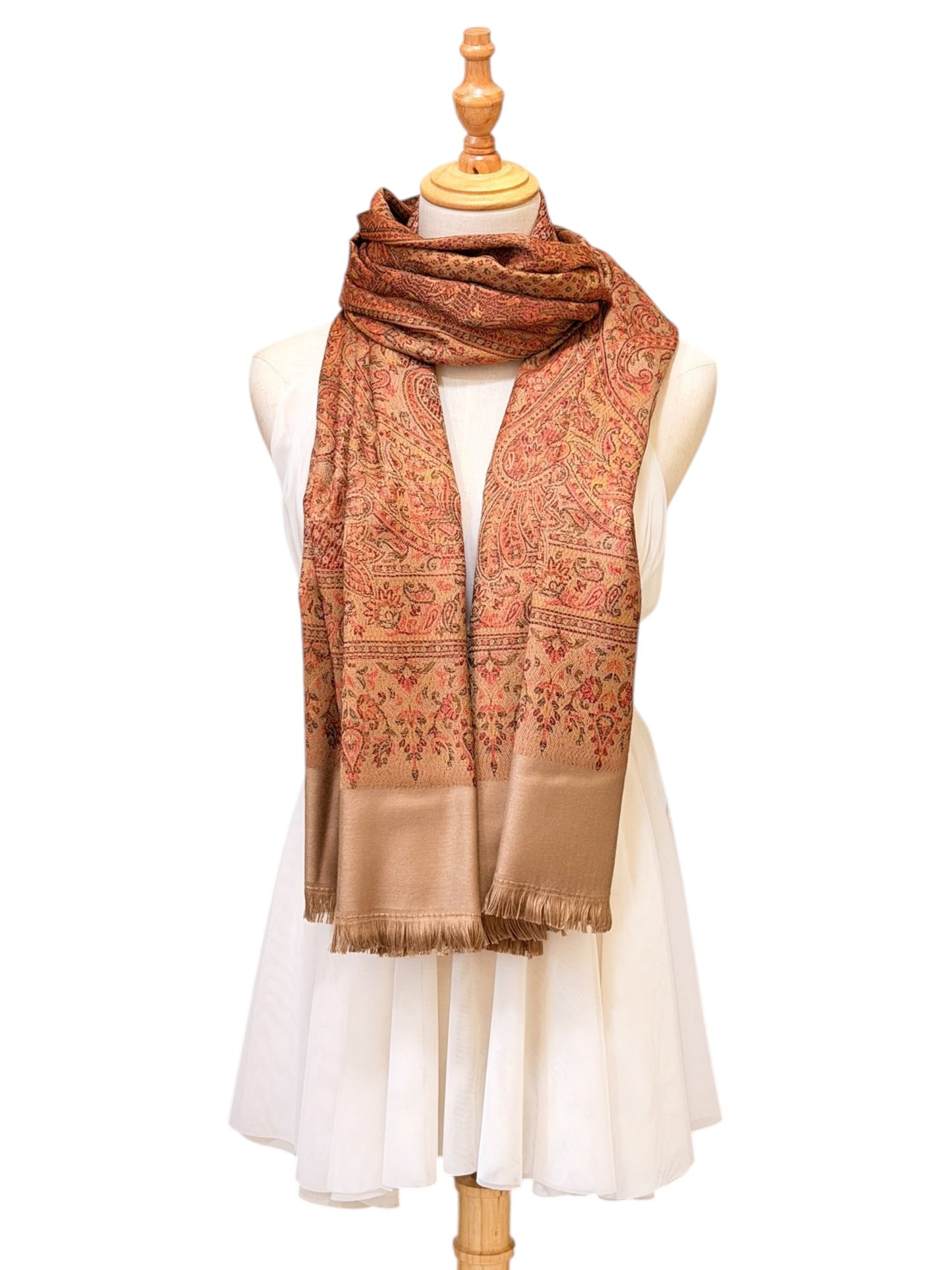 Noori Couture coffee brown pashmina shawl with intricate multi-tonal paisley patterns and delicate fringe edge detail.