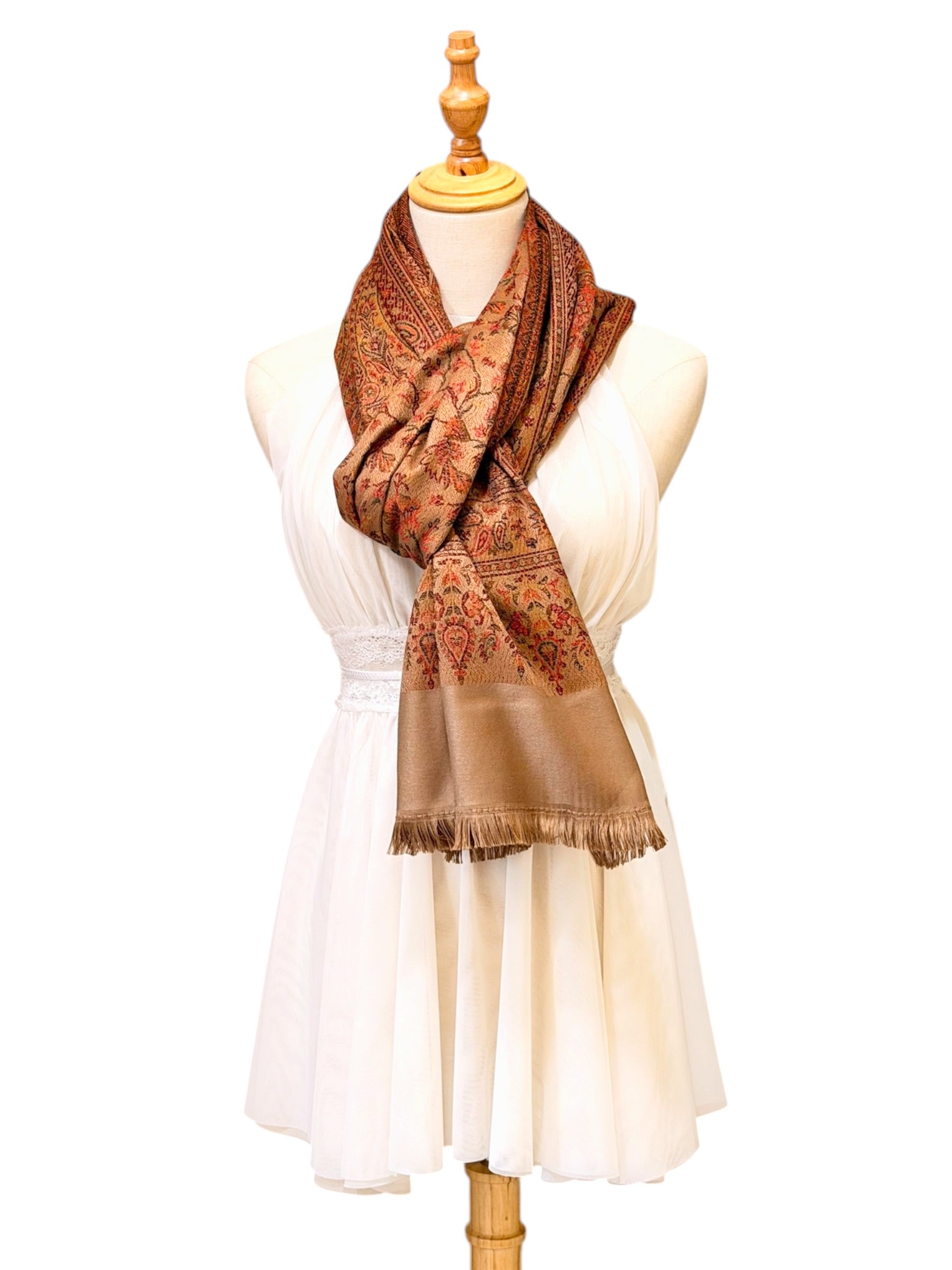 Noori Couture coffee brown pashmina shawl featuring an intricate multi-tonal paisley pattern and delicate fringe trim.