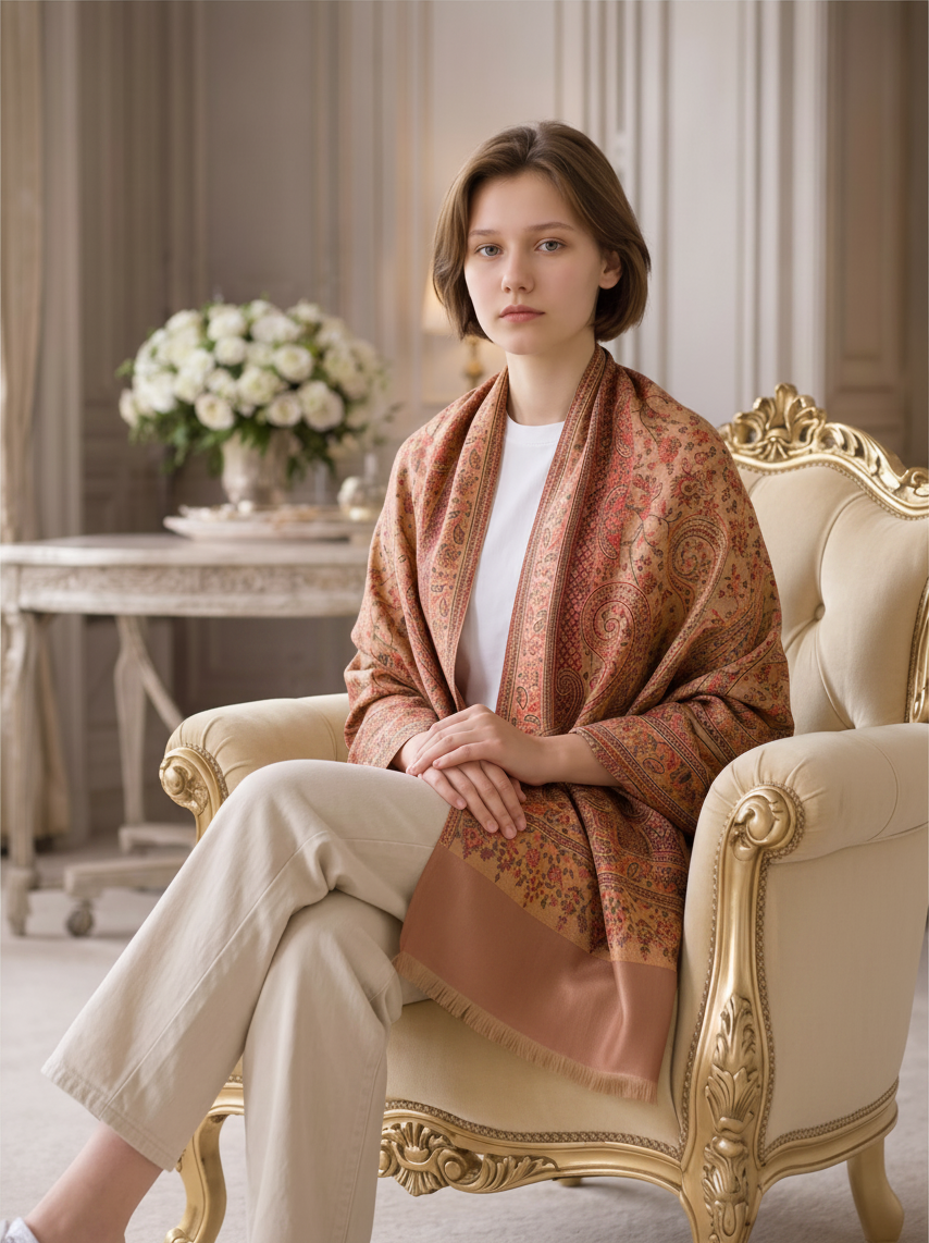 Noori Couture coffee brown pashmina shawl with intricate paisley pattern and fringe trim draped over a seated woman.