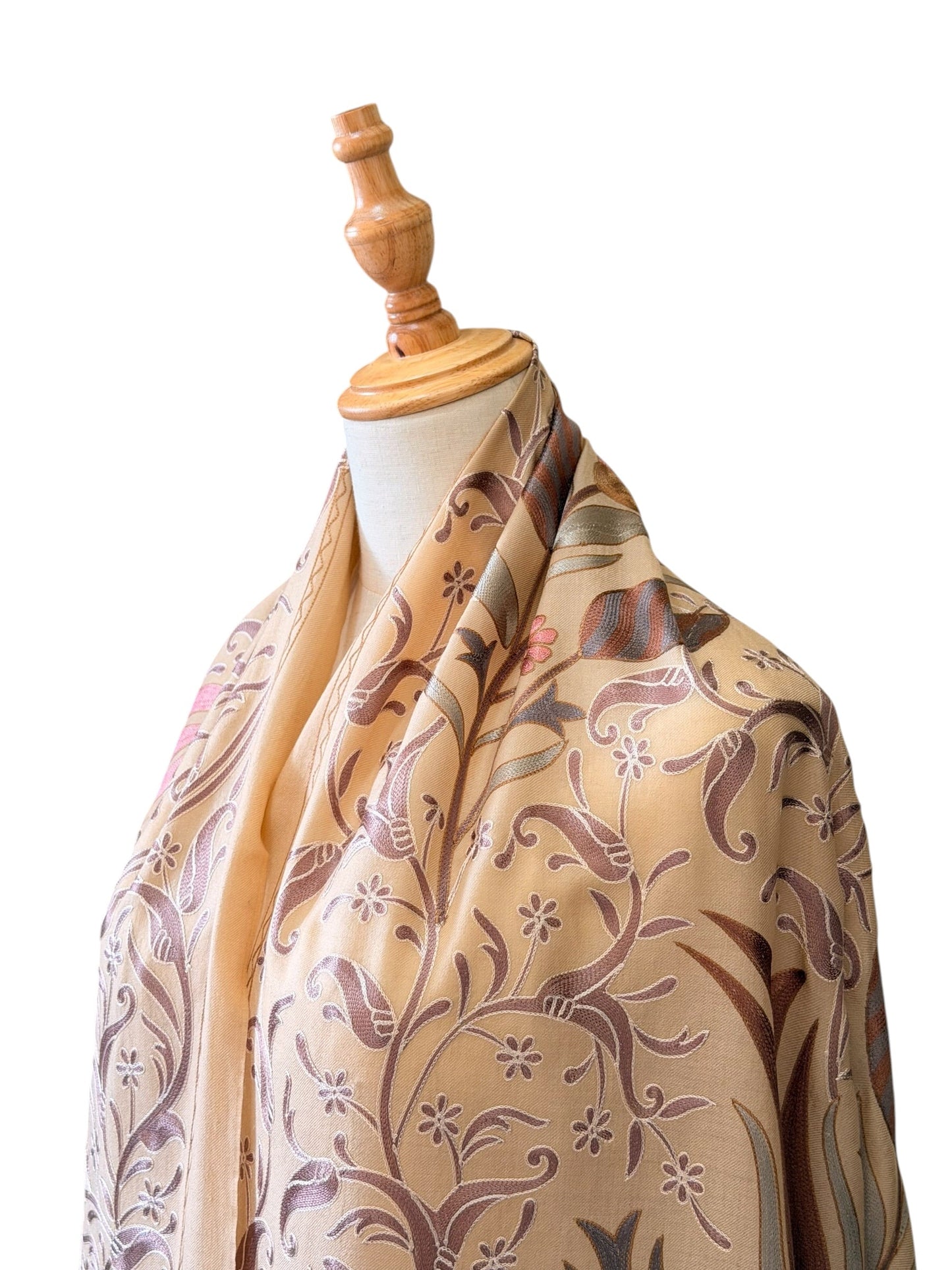 Noori Couture coffee-colored handwoven Nalki Jamawar shawl with intricate silk floral embroidery on fine wool.