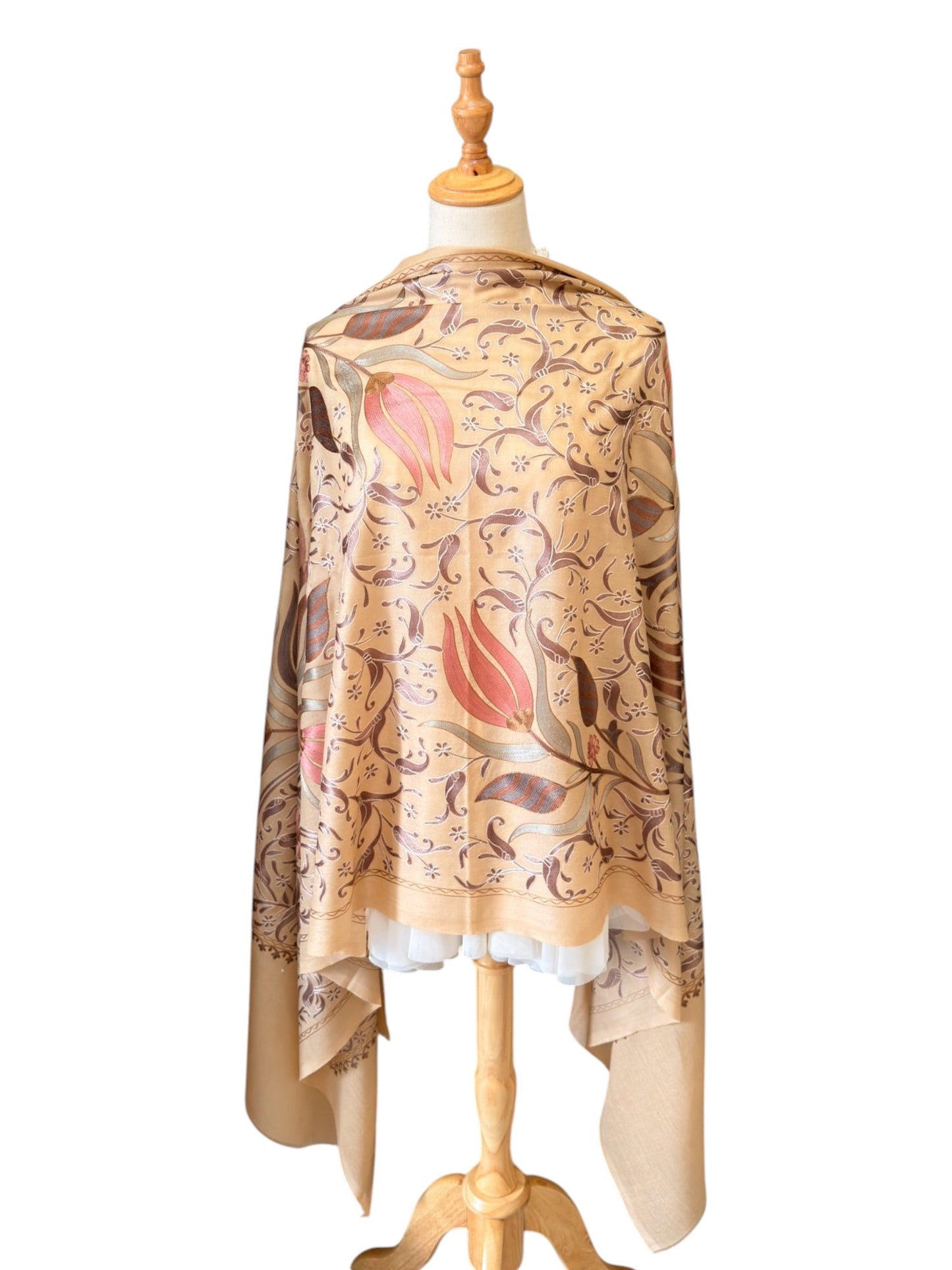 Noori Couture handwoven coffee-coloured Nalki Jamawar shawl with intricate floral silk embroidery on fine wool.