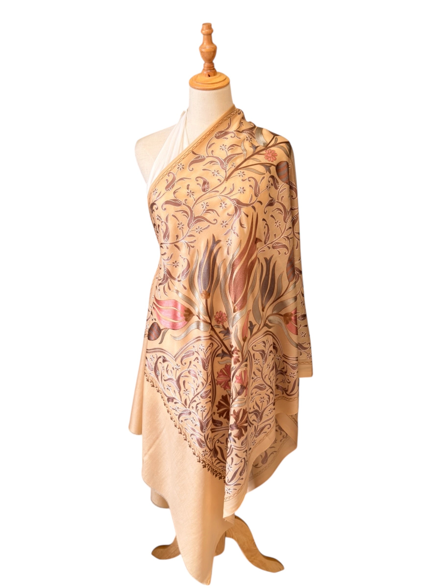 Noori Couture handwoven coffee-colored Nalki Jamawar shawl with intricate silk floral embroidery on fine wool fabric.