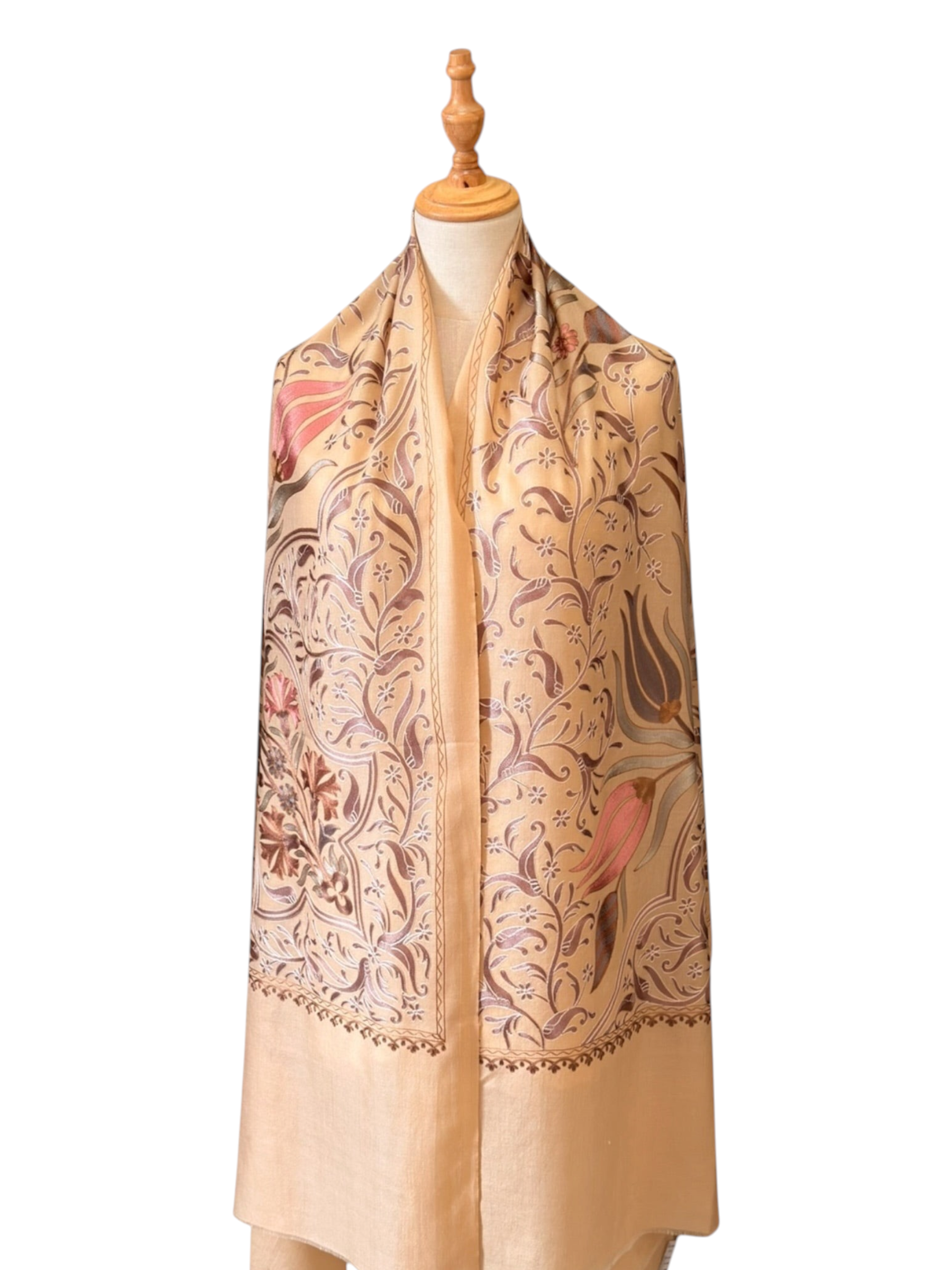 Noori Couture coffee-colored handwoven Nalki Jamawar shawl featuring intricate floral silk embroidery on fine wool.