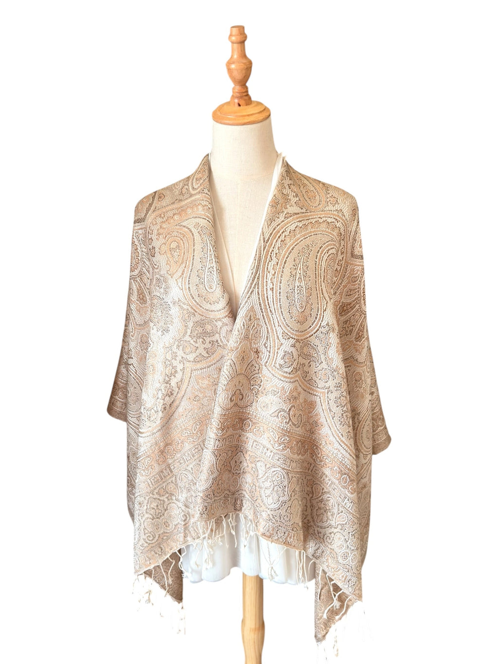 Noori Couture handwoven coffee-colored pure mulberry silk shawl with intricate paisley patterns and fringe detail.