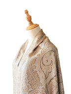 Noori Couture handwoven coffee brown pure mulberry silk shawl with intricate paisley patterns on a mannequin
