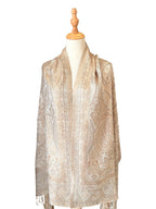 Noori Couture handwoven coffee-coloured pure mulberry silk shawl with intricate paisley patterns on a mannequin.