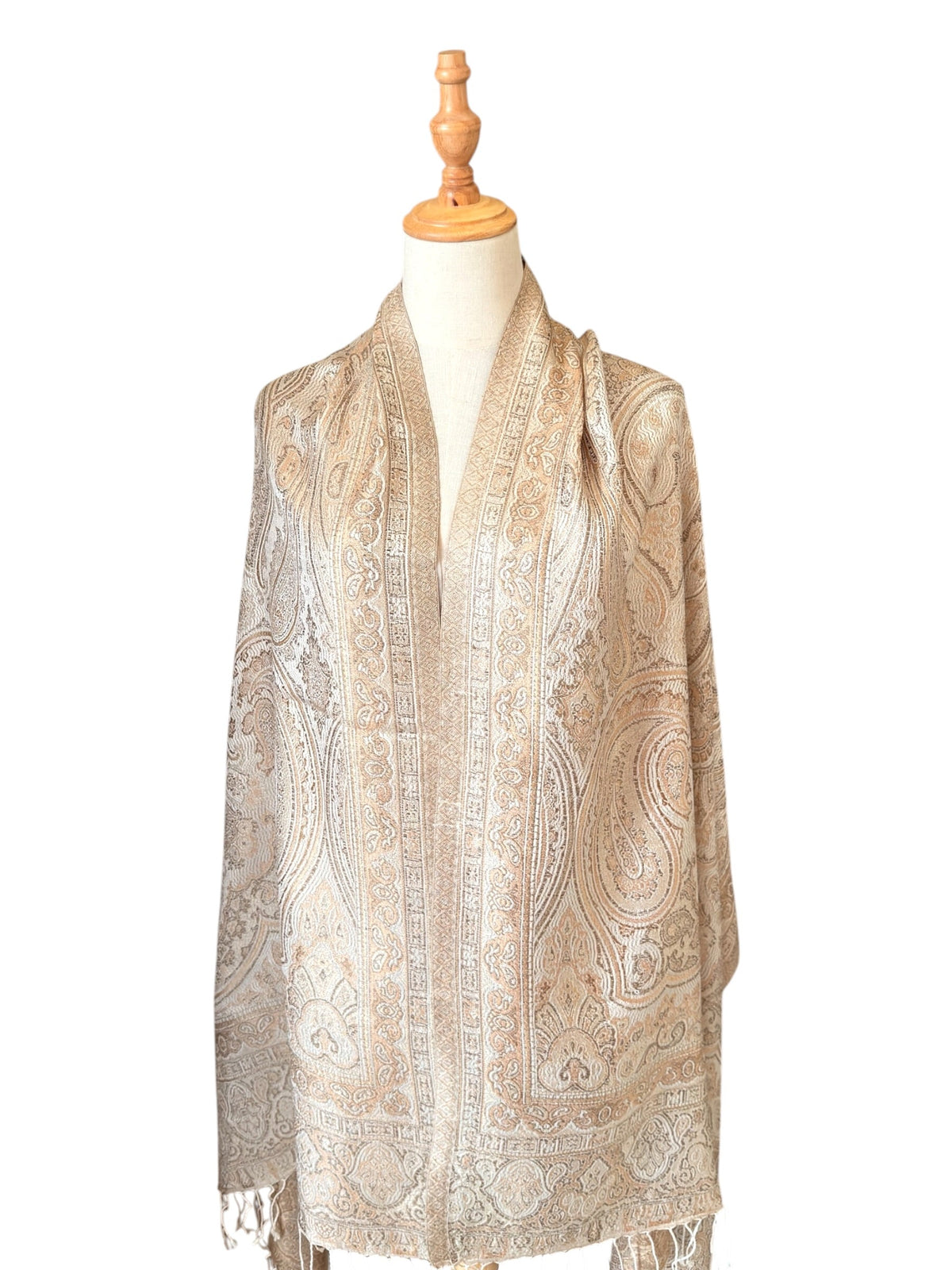 Noori Couture handwoven coffee-coloured pure mulberry silk shawl with intricate paisley patterns on a mannequin.