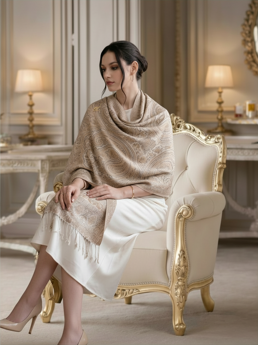 Noori Couture handwoven coffee-coloured pure mulberry silk shawl with intricate paisley patterns and fringe detail