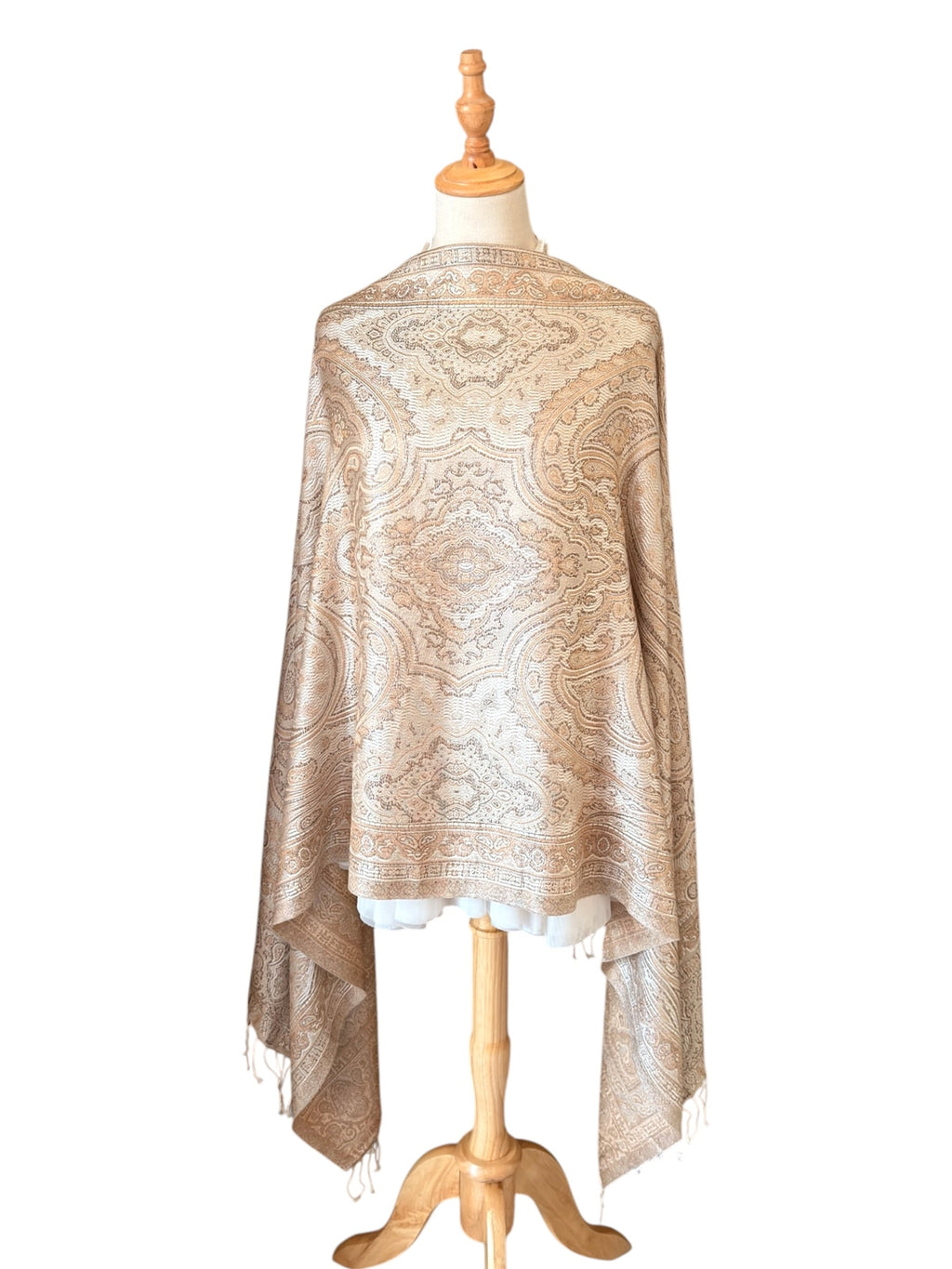 Noori Couture handwoven coffee-coloured pure mulberry silk shawl with intricate traditional paisley patterns.