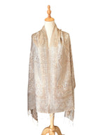 Noori Couture handwoven coffee brown pure mulberry silk shawl with intricate paisley patterns and fringe detail