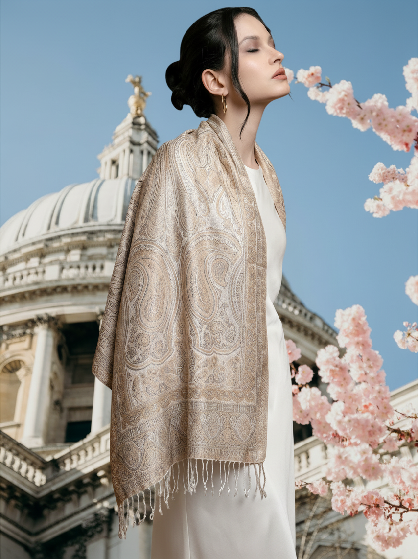 Noori Couture handwoven coffee-coloured pure mulberry silk shawl with intricate paisley patterns and fringe detail