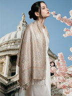 Noori Couture handwoven coffee-coloured pure mulberry silk shawl with intricate paisley patterns and fringe detail