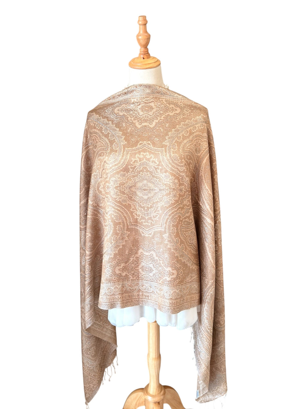 Noori Couture handwoven coffee-coloured pure mulberry silk shawl with intricate paisley patterns on a mannequin