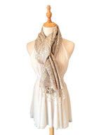Noori Couture handwoven coffee-coloured pure mulberry silk shawl with intricate paisley patterns and tassel fringe.